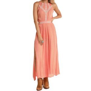 Rock & Roll Cowgirl Southwestern Embroidered Dress Large Peach